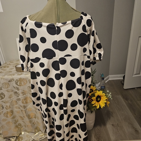 ASOS Curve Polka Dot Beige And Black Ruched Off-the-Shoulder Dress Sz 16 - Picture 6 of 10